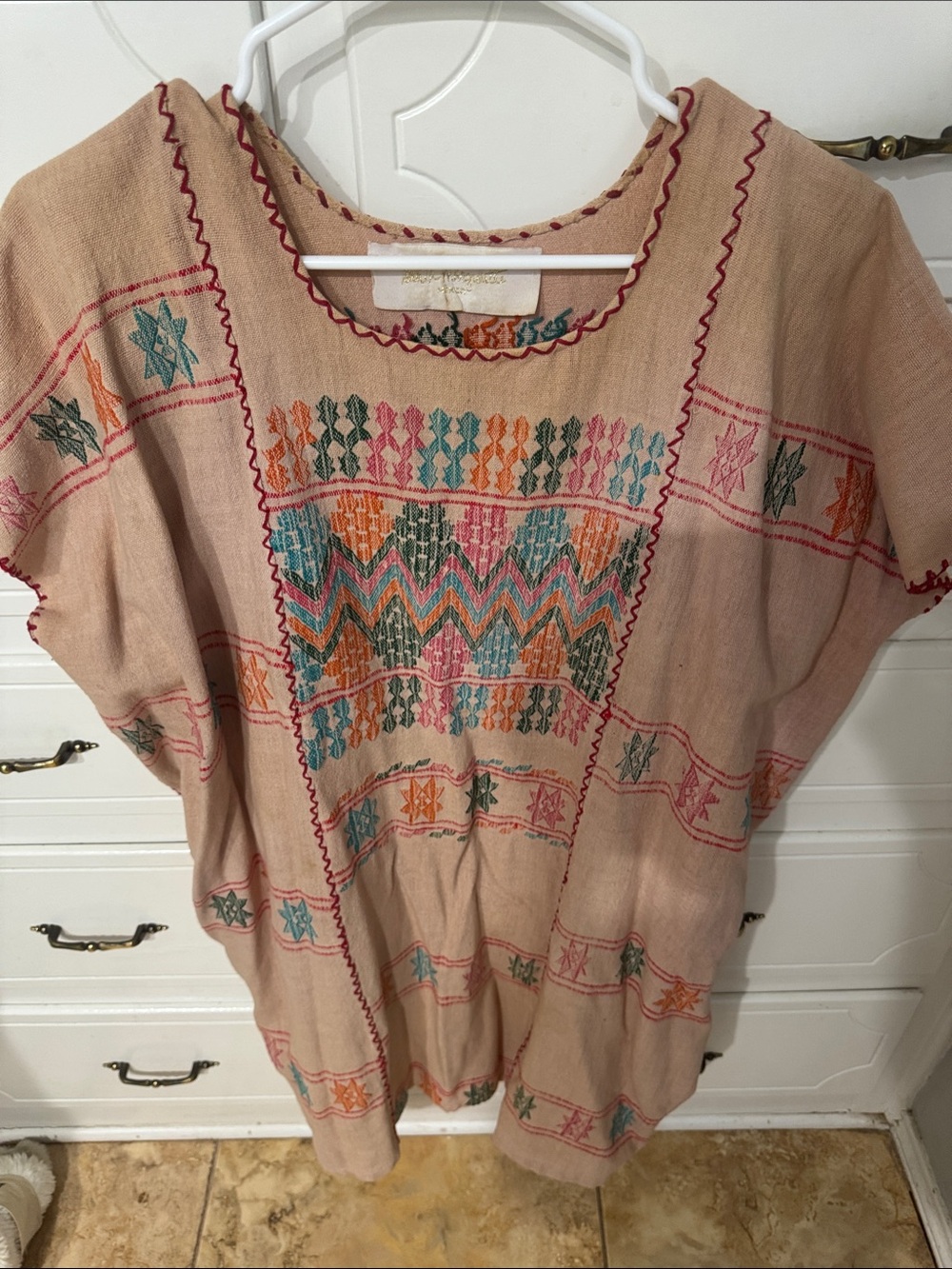 Embroidered Beige dress with Teal, Orange & Pink Accents